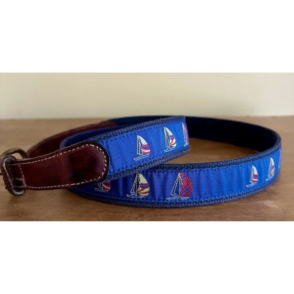 Leather Man Blue Belt Ltd. Sailboat Theme Size 42 Canvas Brass Buckle EUC